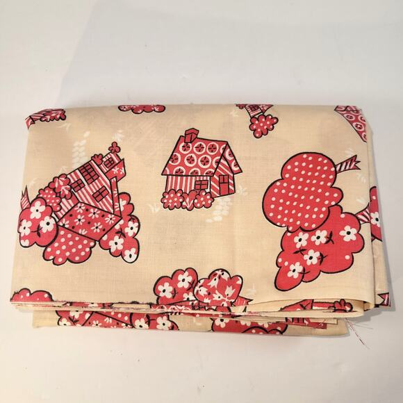 Vintage 44" x 63" Red Tan House Trees Floral Fabric Country Retro Originelle - Picture 4 of 11